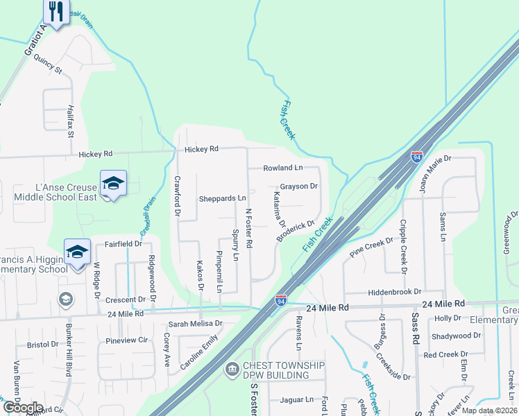 map of restaurants, bars, coffee shops, grocery stores, and more near 53650 North Foster Road in Chesterfield
