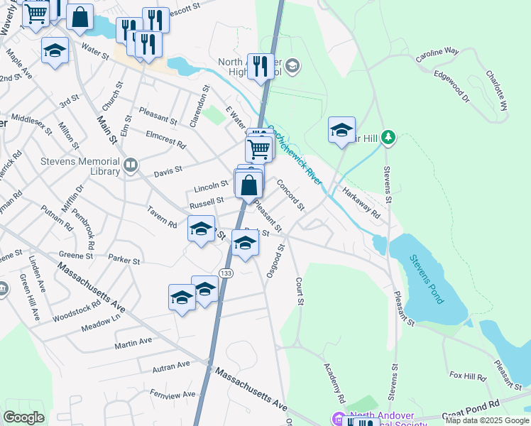 map of restaurants, bars, coffee shops, grocery stores, and more near 228 Pleasant Street in North Andover