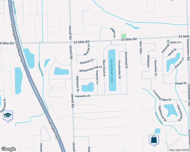 map of restaurants, bars, coffee shops, grocery stores, and more near 54385 Iroquois Lane in Macomb County