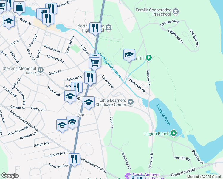 map of restaurants, bars, coffee shops, grocery stores, and more near 348 Osgood Street in North Andover