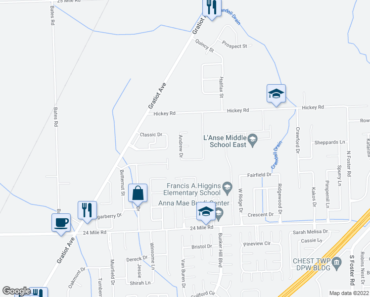 map of restaurants, bars, coffee shops, grocery stores, and more near 29374 Hickey Road in New Baltimore