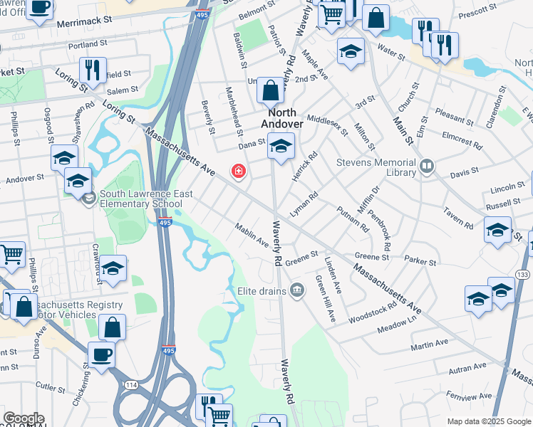 map of restaurants, bars, coffee shops, grocery stores, and more near 233 Massachusetts Avenue in North Andover