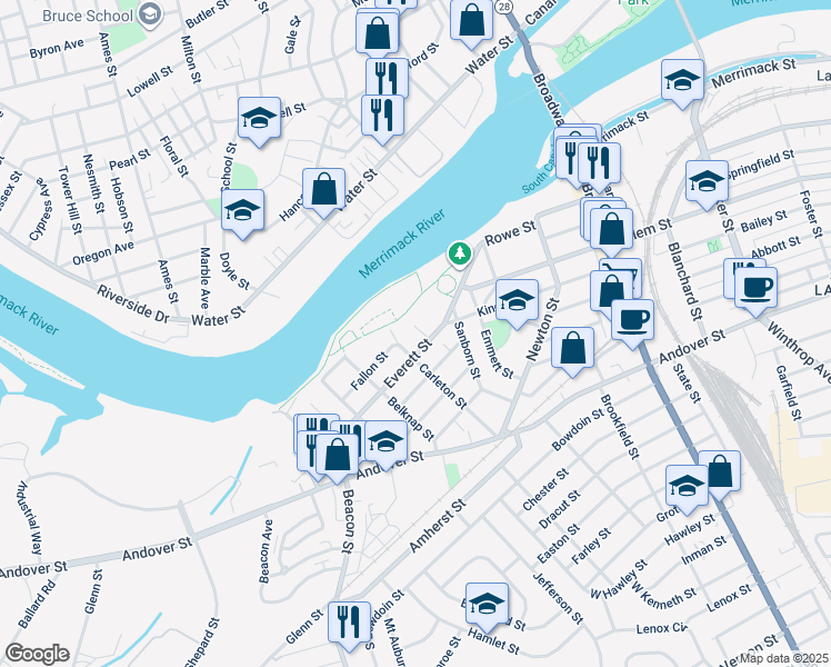 map of restaurants, bars, coffee shops, grocery stores, and more near 5 Coleman Street in Lawrence
