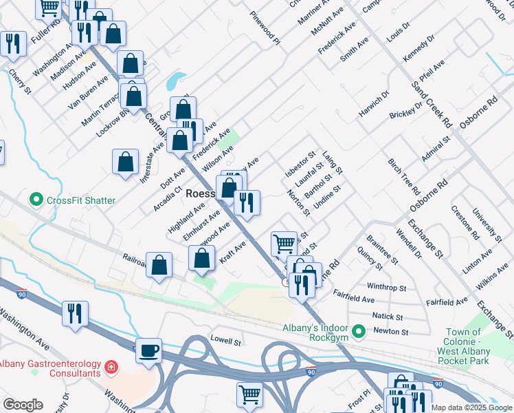 map of restaurants, bars, coffee shops, grocery stores, and more near 12 Keystone Court in Colonie