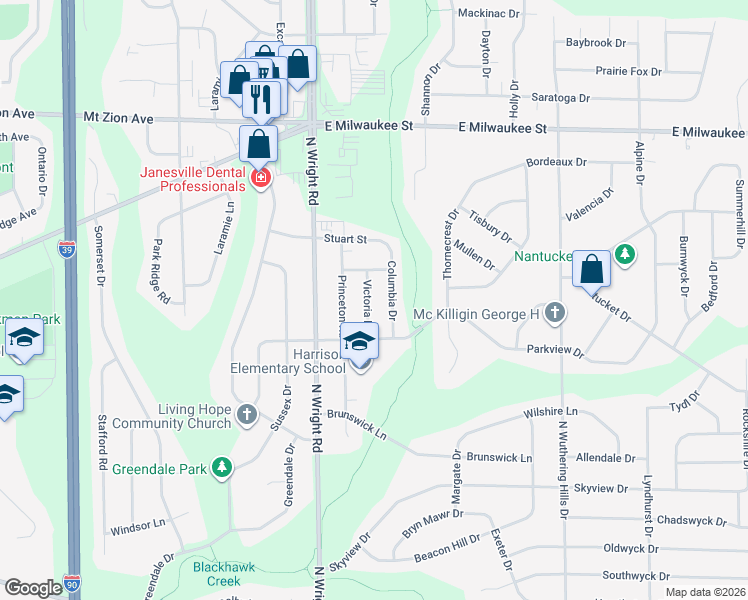 map of restaurants, bars, coffee shops, grocery stores, and more near 836 Victoria Place in Janesville