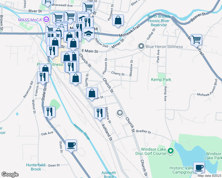 map of restaurants, bars, coffee shops, grocery stores, and more near Elmwood Avenue in North Adams