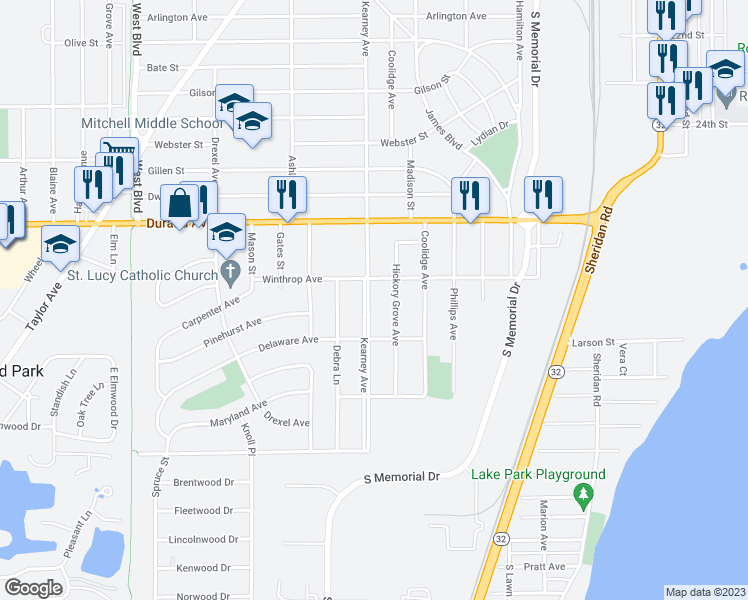 map of restaurants, bars, coffee shops, grocery stores, and more near 3121 Kearney Avenue in Racine