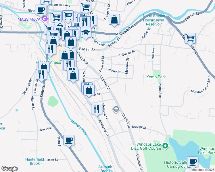 map of restaurants, bars, coffee shops, grocery stores, and more near Elmwood Avenue in North Adams