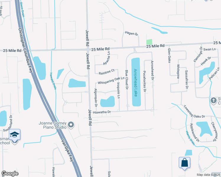 map of restaurants, bars, coffee shops, grocery stores, and more near 54385 Iroquois Lane in Macomb County