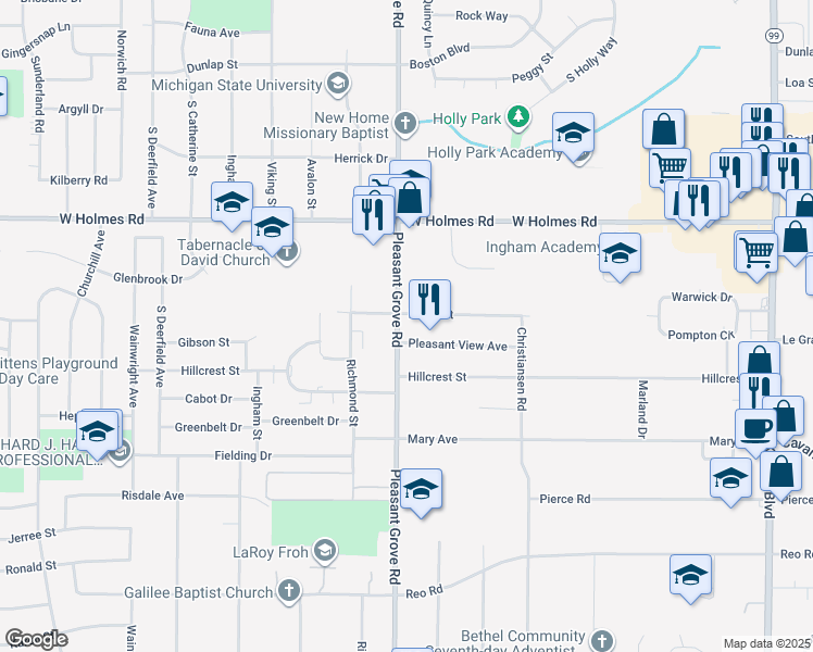 map of restaurants, bars, coffee shops, grocery stores, and more near 3709 Pleasant Grove Road in Lansing