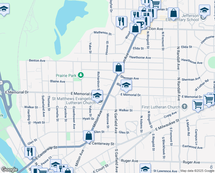 map of restaurants, bars, coffee shops, grocery stores, and more near 826 Milton Avenue in Janesville