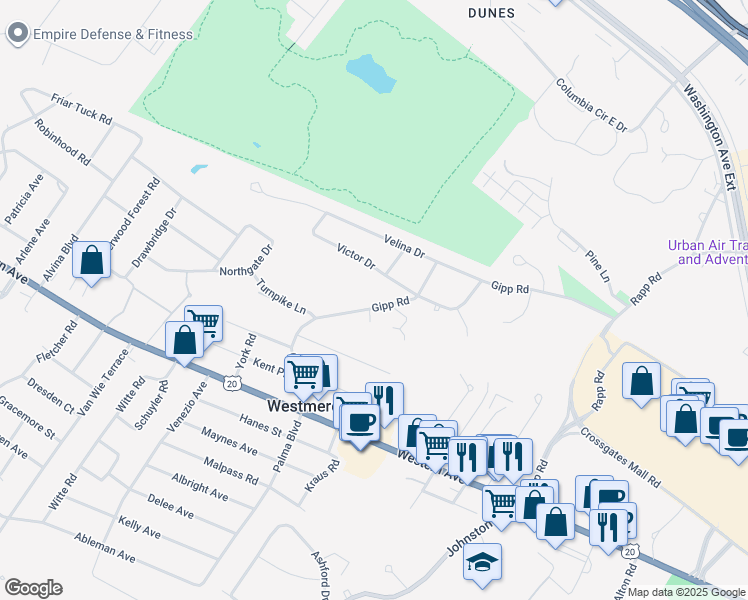 map of restaurants, bars, coffee shops, grocery stores, and more near 47 Gipp Road in Albany