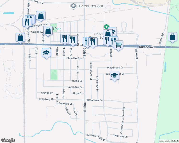 map of restaurants, bars, coffee shops, grocery stores, and more near 8901 Mount Pleasant Avenue in Sturtevant
