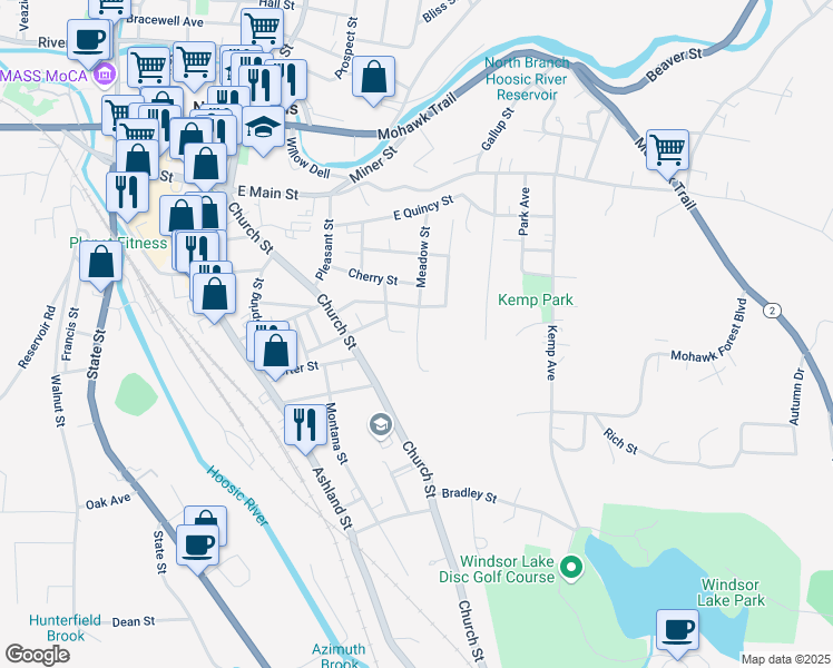 map of restaurants, bars, coffee shops, grocery stores, and more near 66 Dover Street in North Adams