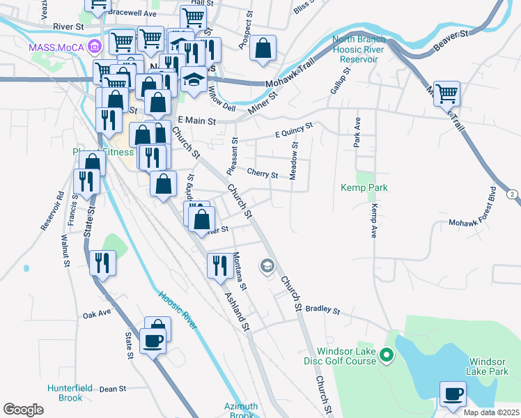 map of restaurants, bars, coffee shops, grocery stores, and more near 68 Elmwood Avenue in North Adams