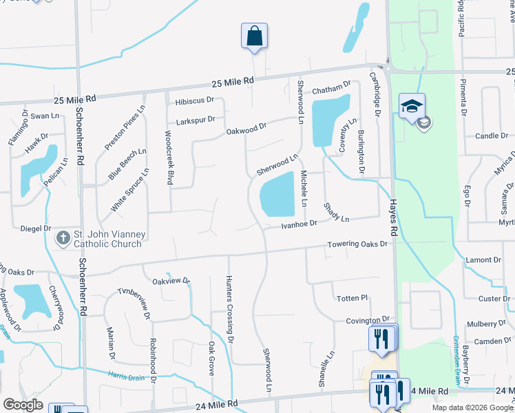 map of restaurants, bars, coffee shops, grocery stores, and more near 54178 Sherwood Lane in Macomb County