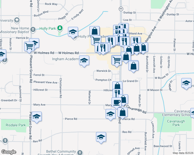 map of restaurants, bars, coffee shops, grocery stores, and more near 1402 Pompton Circle in Lansing