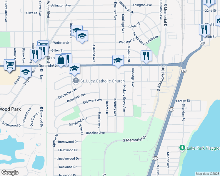 map of restaurants, bars, coffee shops, grocery stores, and more near 3121 Debra Ln in Racine