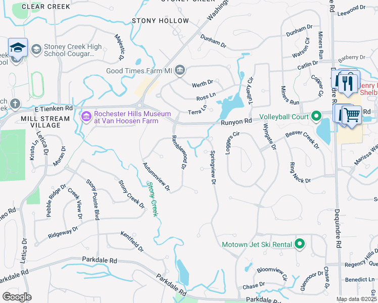 map of restaurants, bars, coffee shops, grocery stores, and more near 900 Ramblewood Drive in Rochester