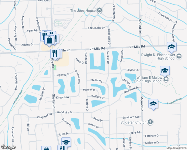 map of restaurants, bars, coffee shops, grocery stores, and more near 5062 Skylite Lane in Macomb County