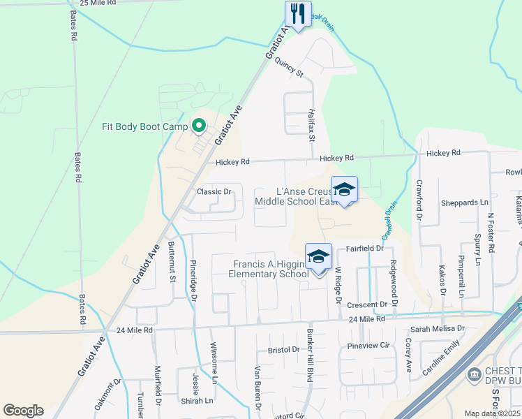 map of restaurants, bars, coffee shops, grocery stores, and more near 29374 Hickey Road in New Baltimore