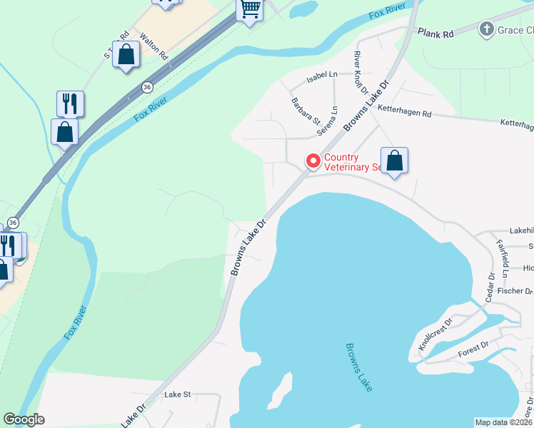 map of restaurants, bars, coffee shops, grocery stores, and more near 2402 South Browns Lake Drive in Burlington