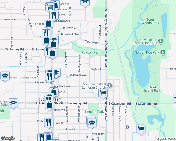 map of restaurants, bars, coffee shops, grocery stores, and more near 734 Irvington Avenue in Lansing