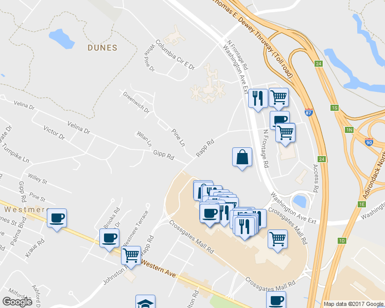 map of restaurants, bars, coffee shops, grocery stores, and more near 71 Rapp Road in Albany