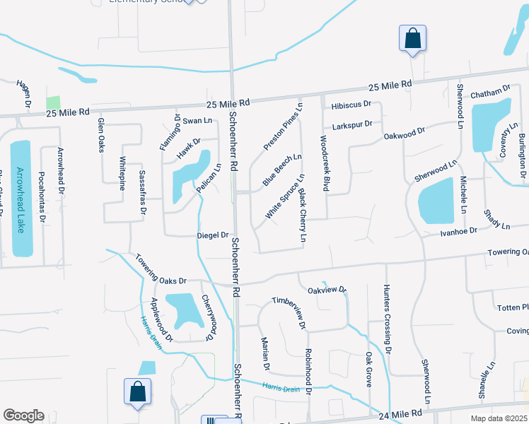 map of restaurants, bars, coffee shops, grocery stores, and more near 54303 White Spruce Lane in Macomb County
