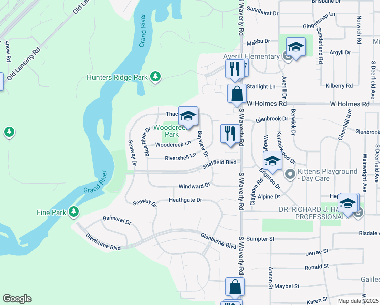 map of restaurants, bars, coffee shops, grocery stores, and more near 4026 Rivershell Lane in Lansing