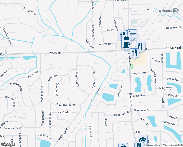 map of restaurants, bars, coffee shops, grocery stores, and more near 3823 Newland Court in Macomb County