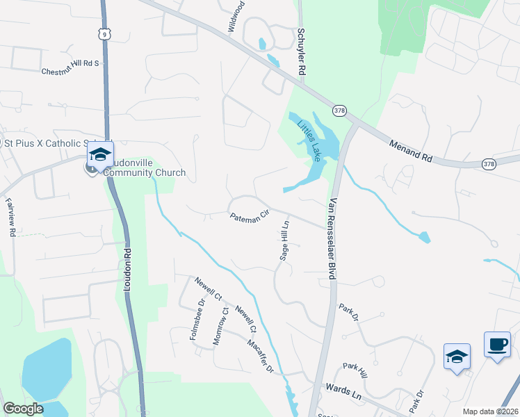 map of restaurants, bars, coffee shops, grocery stores, and more near 2 Pateman Circle in Menands