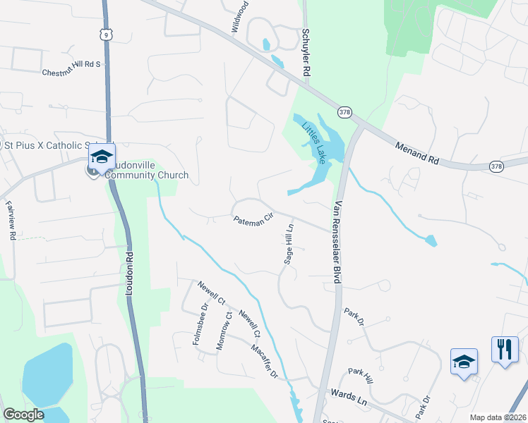 map of restaurants, bars, coffee shops, grocery stores, and more near 2 Pateman Circle in Menands