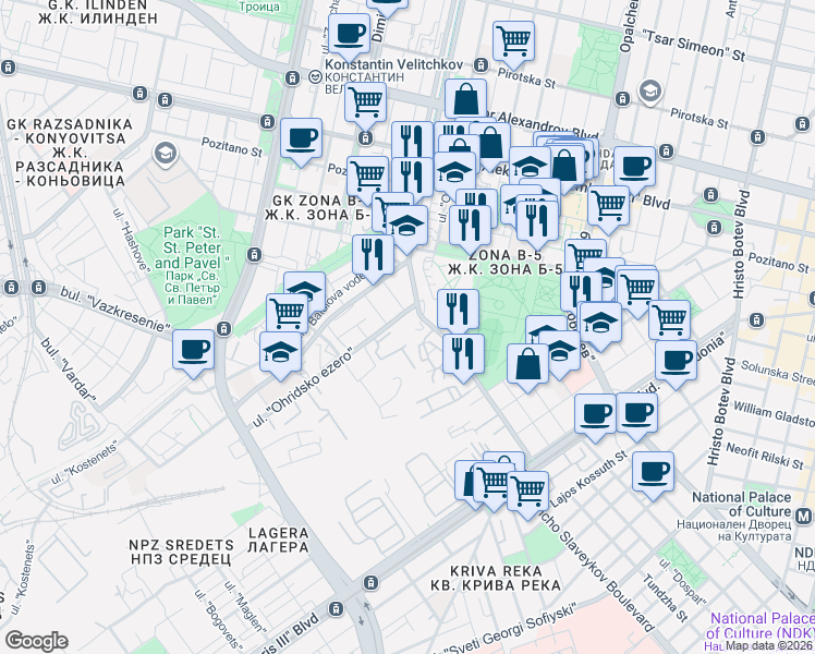 map of restaurants, bars, coffee shops, grocery stores, and more near 22 ulitsa "Kamen Andreev" in Sofia