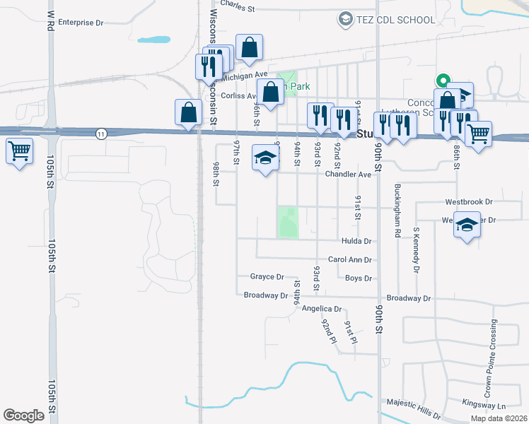map of restaurants, bars, coffee shops, grocery stores, and more near 3213 96th Street in Sturtevant