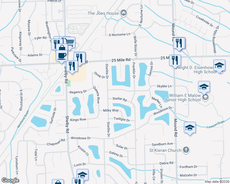 map of restaurants, bars, coffee shops, grocery stores, and more near 5062 Skylite Lane in Macomb County