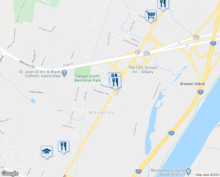 map of restaurants, bars, coffee shops, grocery stores, and more near 10 Menand Road in Menands