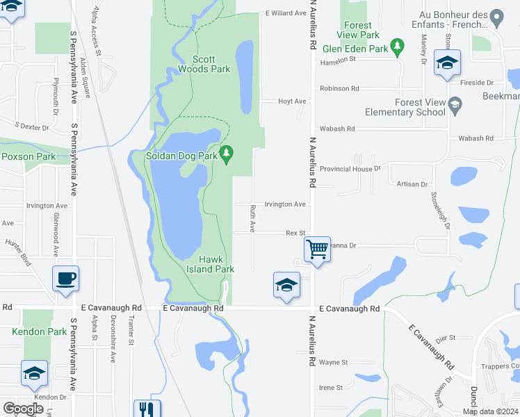 map of restaurants, bars, coffee shops, grocery stores, and more near 1810 Irvington Avenue in Lansing