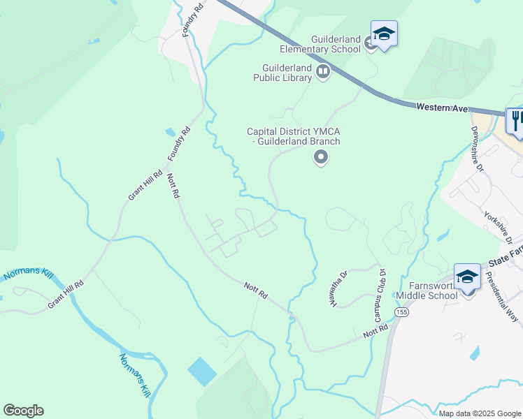 map of restaurants, bars, coffee shops, grocery stores, and more near 1 Winding Brook Drive in Guilderland