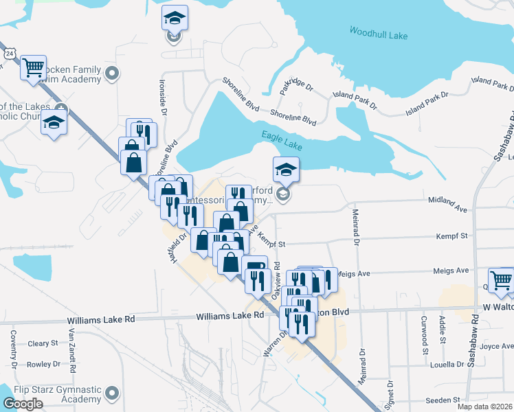 map of restaurants, bars, coffee shops, grocery stores, and more near 4887 Oak Hill Drive in Waterford Township