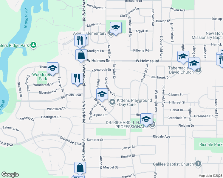 map of restaurants, bars, coffee shops, grocery stores, and more near 3714 Berwick Drive in Lansing