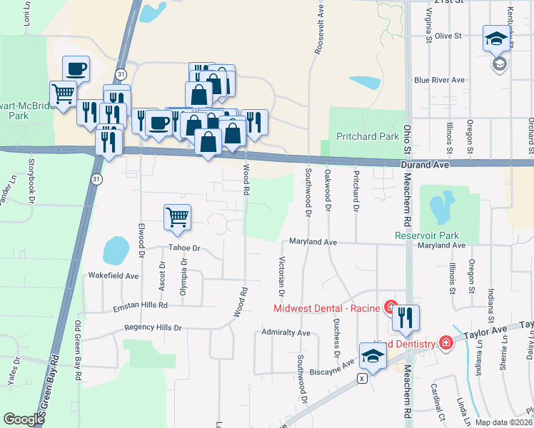 map of restaurants, bars, coffee shops, grocery stores, and more near 3205 Wood Rd in Racine