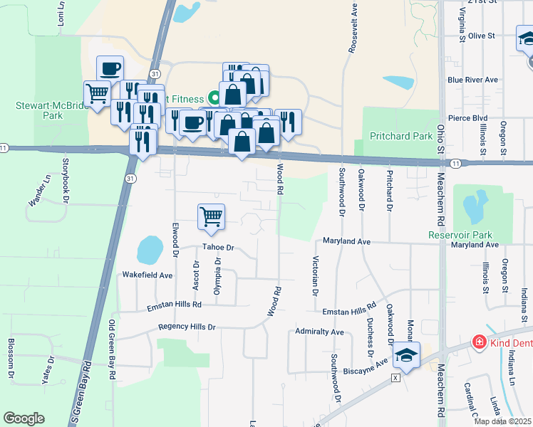 map of restaurants, bars, coffee shops, grocery stores, and more near 3204 Wood Road in Mount Pleasant
