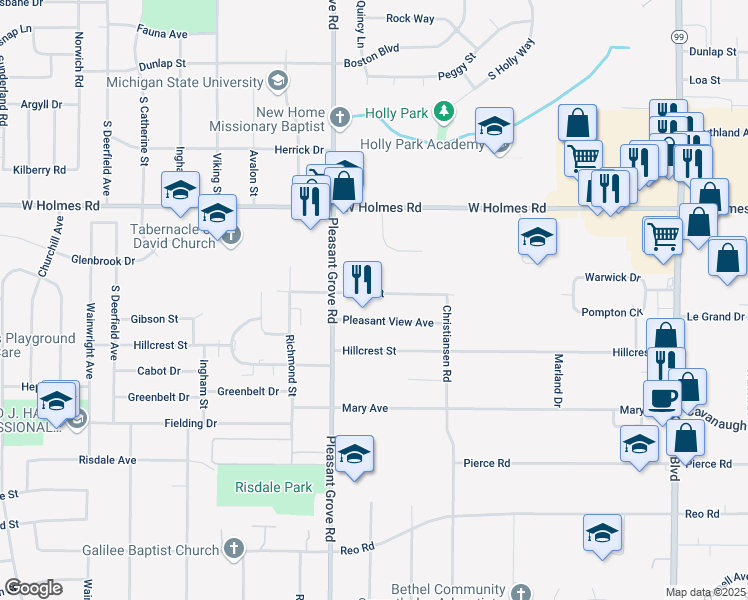 map of restaurants, bars, coffee shops, grocery stores, and more near 2041 Ferrol Street in Lansing