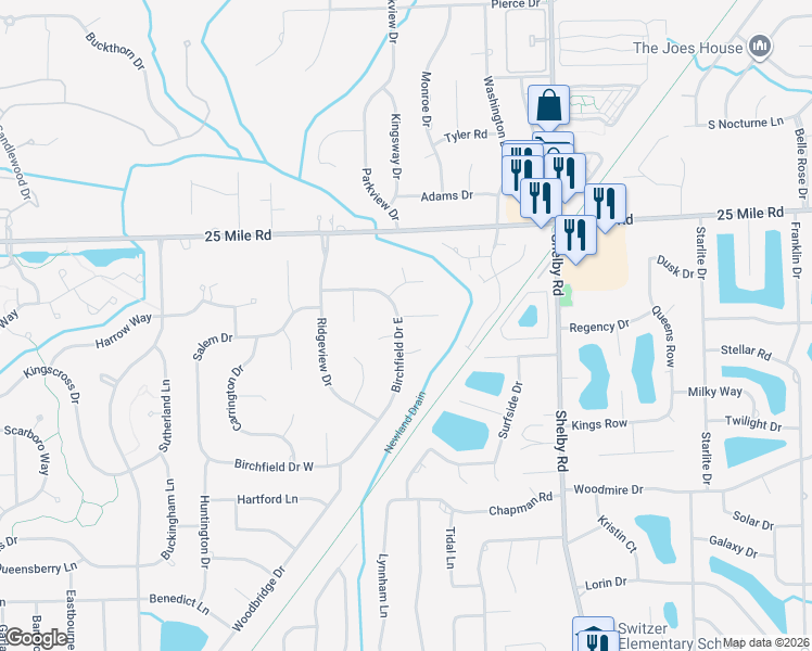 map of restaurants, bars, coffee shops, grocery stores, and more near 3823 Newland Court in Macomb County