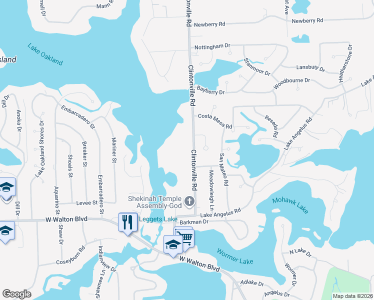 map of restaurants, bars, coffee shops, grocery stores, and more near 3799 Clintonville Road in Waterford Township