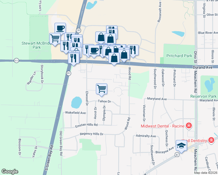 map of restaurants, bars, coffee shops, grocery stores, and more near 5728 Evarit Drive in Mount Pleasant