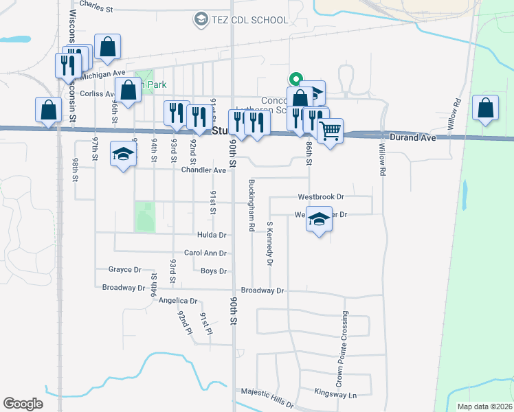map of restaurants, bars, coffee shops, grocery stores, and more near 8901 Mount Pleasant Avenue in Sturtevant