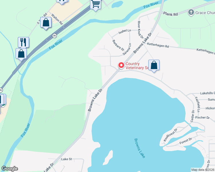 map of restaurants, bars, coffee shops, grocery stores, and more near 2402 South Browns Lake Drive in Burlington