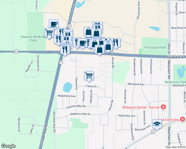 map of restaurants, bars, coffee shops, grocery stores, and more near 5728 Evarit Drive in Mount Pleasant